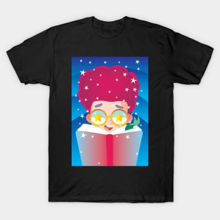 boy with red hair and stars on glasses reads a book T-Shirt